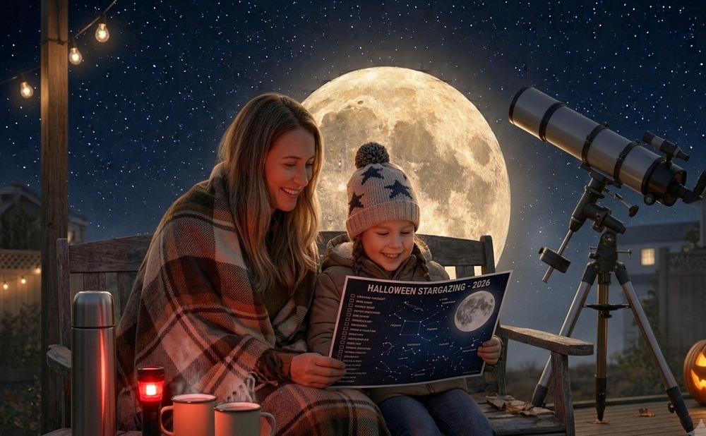 A mother and daughter reading a Halloween stargazing checklist under a warm blanket, with a red flashlight and telescope nearby.