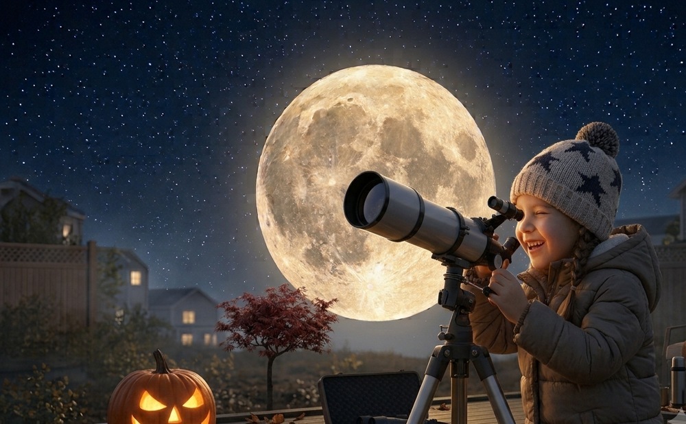A smiling child using a beginner telescope to observe a large full moon on Halloween night next to a glowing pumpkin.